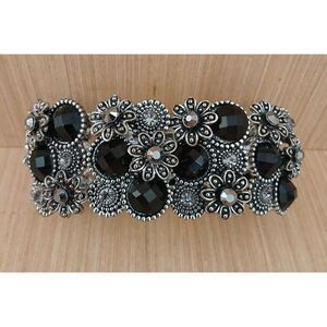 Black Floral Bracelet Goth Metal Rhinestones Stretchy Retro Rock